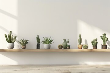different cacti in simple colored pots stand on wooden shelf, the wall is white; wall with empty space - obrazy, fototapety, plakaty