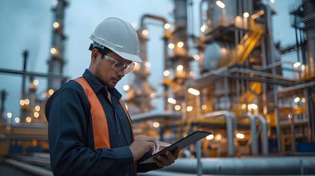 Industry engineer man using tablet with white safety helmet standing front of oil refinery. Factory oil storage tank and pipeline. Worker in a refinery