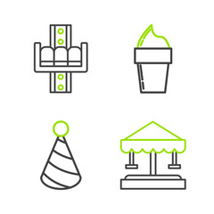 Set line Attraction carousel, Party hat, Ice cream in waffle cone and icon. Vector