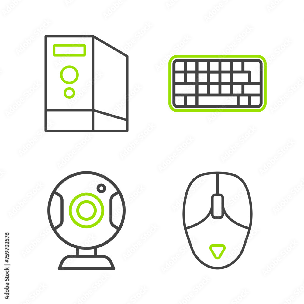 Poster set line computer mouse, web camera, keyboard and case of computer icon. vector