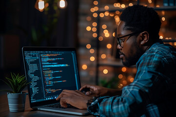 A small business owner working on a laptop, optimizing a website for search engines. Code, keywords, and search results visible on the computer screen