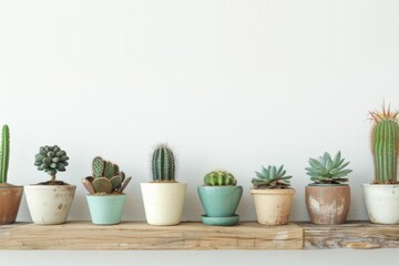 different cacti in simple colored pots stand on wooden shelf, the wall is white; wall with empty space