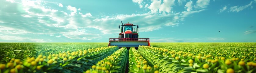A tractor is driving through a field of yellow flowers