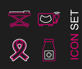 Set line Medicine bottle and pills, Awareness ribbon, Ultrasound and Stretcher icon. Vector