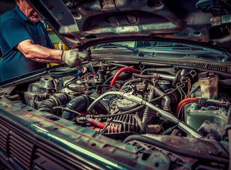 Auto mechanic working on car engine in mechanics garage. Repair service. authentic close-up shot