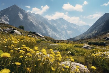 Fototapeta premium Blooming meadow among high mountains and flowers. Beauty in nature.