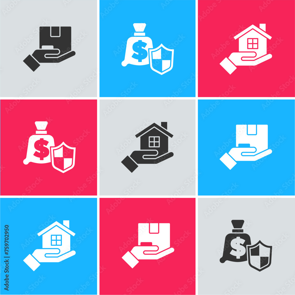 Canvas Prints Set Delivery insurance, Money with shield and House hand icon. Vector