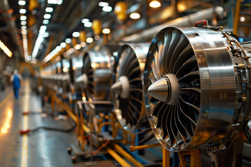 airplane engine production line, wide shot