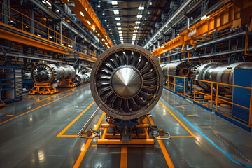 Fototapeta premium airplane engine production line, wide shot, modern
