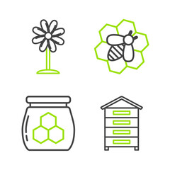 Set line Hive for bees, Jar of honey, Bee and honeycomb and Flower icon. Vector