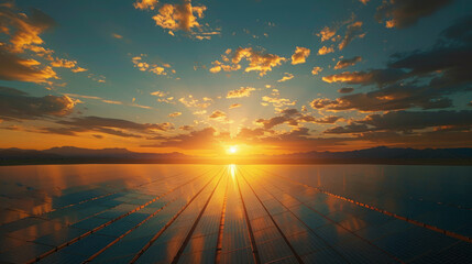A breathtaking sunset over a vast solar panel farm with vibrant orange and blue skies reflecting on the panels amidst a picturesque mountain backdrop.