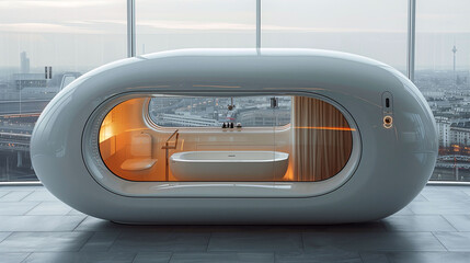 Futuristic capsule office with panoramic city view, modern minimalist interior design. - obrazy, fototapety, plakaty