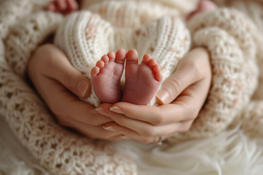 Close up of small feet of a newborn supported by the hand of her mother, parenting and child care concept