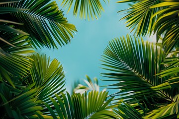 Naklejka premium palm leaves background frame, empty copy space in the middle