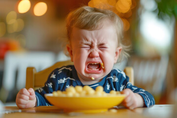 Little baby boy crying and screaming during eating, angry baby boy doesn't want to eat - obrazy, fototapety, plakaty