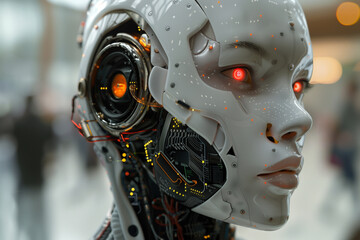 Fototapeta premium Artificial intelligence robot with neural networks on half head, humanoid robot