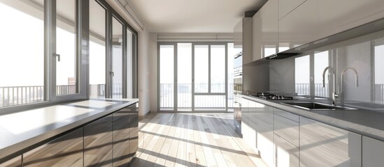 Interior of kitchen furniture in an apartment after renovation, featuring gray design and a balcony access.