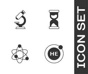 Set Helium, Microscope, Atom and Old hourglass icon. Vector