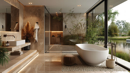 Luxurious modern bathroom interior with nature view, featuring a freestanding tub, glass shower, and elegant decor. - obrazy, fototapety, plakaty