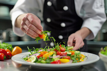 Professional chef preparing vegetable salad in the modern kitchen restaurant