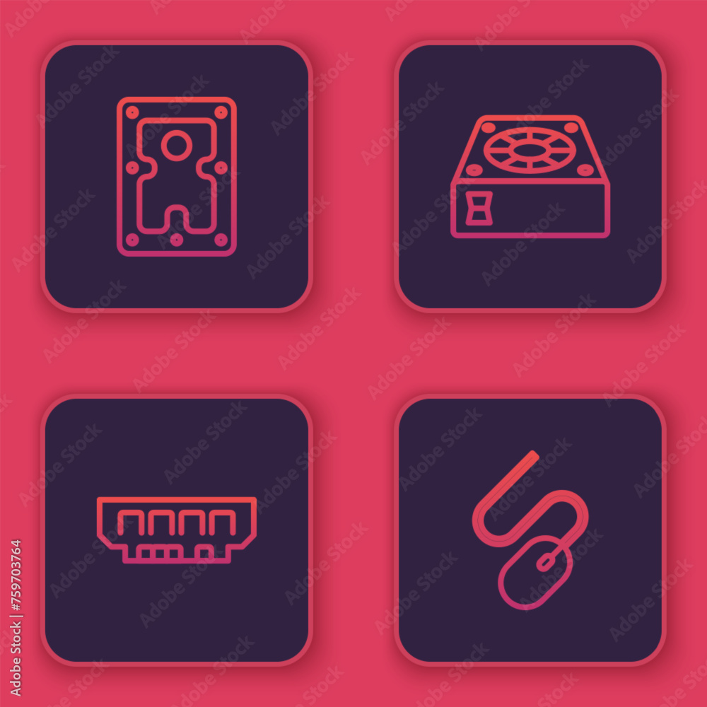 Poster set line hard disk drive hdd, ram, random access memory, computer cooler and mouse. blue square butt