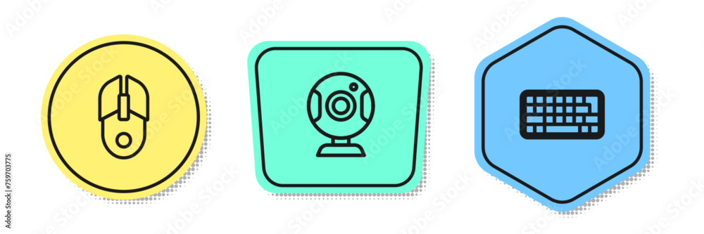 Poster set line computer mouse, web camera and keyboard. colored shapes. vector