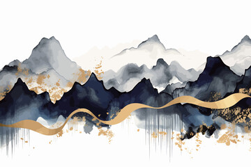 Abstract vector gold and blue watercolor landscape art illustration, modern minimalist painting