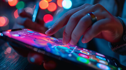 Close-up of hands using a smartphone with a colorful illuminated screen, bokeh lights in the background creating a vibrant tech atmosphere