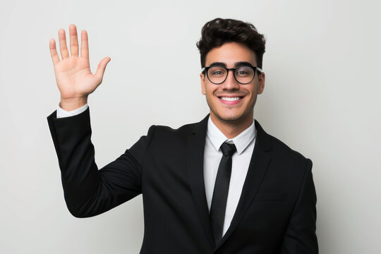 Young business man wearing suit waving hand saying hello happy and smiling