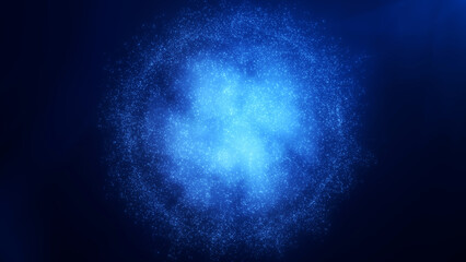 Naklejka na ściany i meble Abstract digital energy glowing sphere of moving particles and shiny clouds. Blue orb ball round core made of glowing bright small futuristic particle flying dots on dark background illustrtation