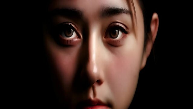 A captivating close-up portrait of a young woman, her gaze piercing through the shadowy backdrop. The image focuses on her detailed, expressive eyes, and subtle interplay of light and dark accentuates