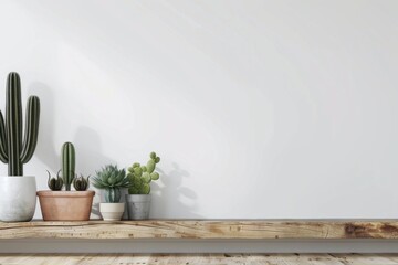 different cacti in simple colored pots stand on wooden shelf, the wall is white; wall with empty space