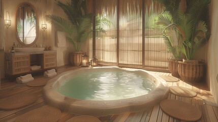 Tranquil spa interior with a circular bathtub, surrounded by wooden floors, lush greenery, and soft lighting, creating a serene atmosphere. - obrazy, fototapety, plakaty