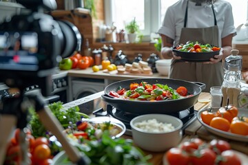 Portrait of food influencer reviewing food with camera in a restaurant with a blurry backdrop and space for text, Generative AI.