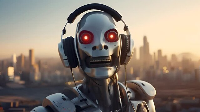A humanoid robot dons headphones, red eyes glaring, with a sunset cityscape backdrop. The image portrays a fusion of technology and human-like leisure activity in a modern world.