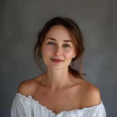 Obraz premium Realistic Photo Portrait of a Slavic Brown-Haired Model Smiling Generative AI 