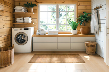 laundry room, washing machines in a clean organized neat utility scandinavian style laundry room - obrazy, fototapety, plakaty