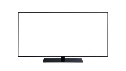 Modern large flat screen mockup png, sleek black tv isolated on all white or transparent background, hd cutout