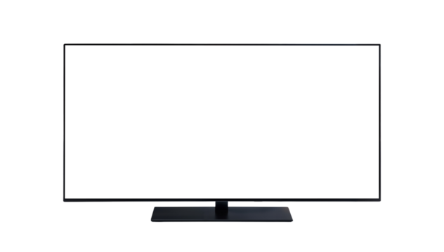 Modern large flat screen mockup png, sleek black tv isolated on all white or transparent background, hd cutout