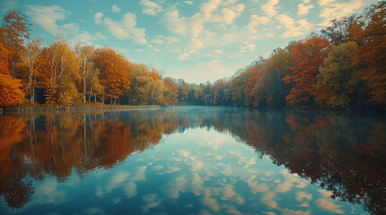 A serene lake with glass-like water reflecting the vibrant autumn colors of the surrounding forest under a clear blue sky.