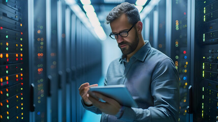Male IT specialist using tablet in Data Center. Successful businessman and e-Business entrepreneur checking server farm cloud computing facility