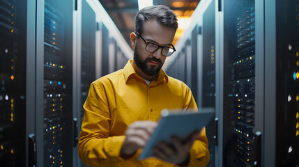 Male IT specialist using tablet in Data Center. Successful businessman and e-Business entrepreneur checking server farm cloud computing facility