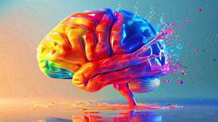 A brain with a blue and red swirls on it. The brain is surrounded by smoke. brain with colorful volatile gas on blue orange pastel background, creative inspiration concept