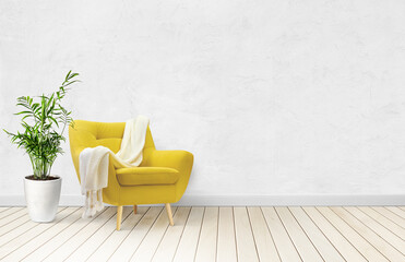 Empty living room wall mockup with yellow velvet armchair, and palm plant in pot