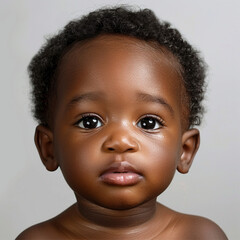 black baby boy, age infant, blank facial expression, full lips