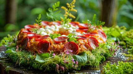 A savory ring-shaped cake adorned with pepperoni, herbs, and radish slices nestled in a green setting