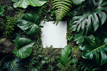 Top view of a white blank paper surrounded by lush green tropical leaves and ferns, creating an organic frame for design or text in the style of a jungle setting. - 759705367