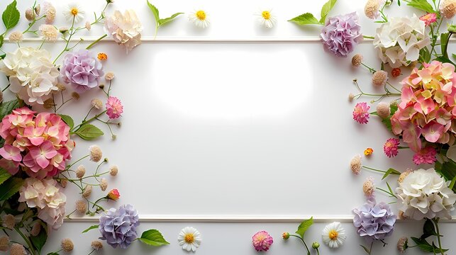 Blank space frame with hydrangea daisy flowers for mockup design, high quality , high resolution, shadow effect, white plain background