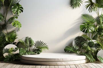 round stand podium with green tropical leaves on white background, template for montage or product advertising presentation