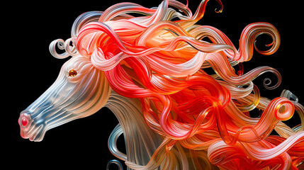 Horse, crafted in glass, mane of fiery red and orange, against the night Cartoon realism, lively details